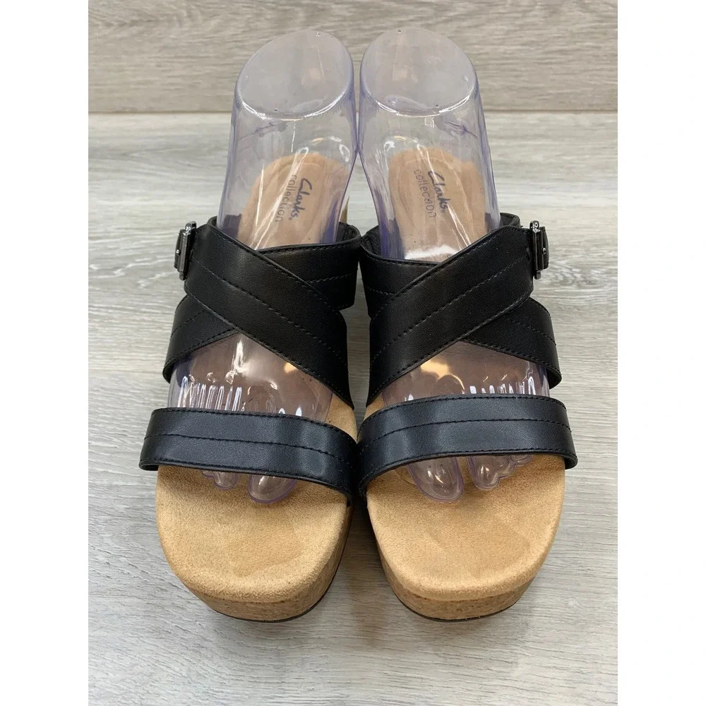 Clarks Black Leather Cork Platform Wedge Sandals Women's 8.5 Comfort Shoes